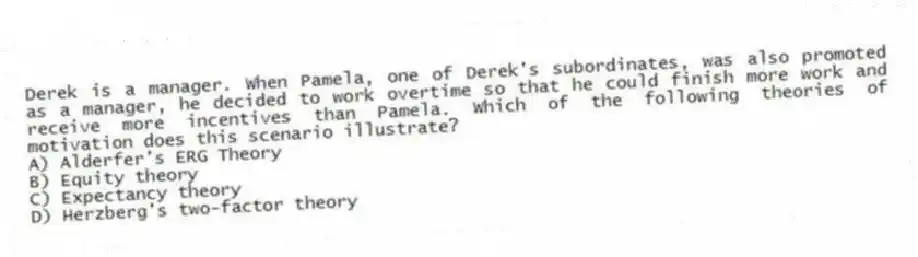 Derek is a manager. When Pamela, one of Derek's subordinates, was also promoted as a manager, he decided to work overtime so that he could finish more work and receive more incentives than Pamela. Which of the following theories of motivation does this scenario illustrate?
A) Alderfer's ERG Theory
B) Equity theory
C) Expectancy theory
D) Herzberg's two-factor theory