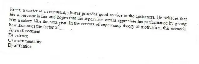 Brent, a waiter at a restaurant, always provides good service to the customers. He believes that his supervisor is fair and hopes that his supervisor would appreciate his performance by giving him a salary hike the next year. In the context of expectancy theory of motivation, this scenario best illustrates the factor of _____.
A) reinforcement
B) valence
C) instrumentality
D) affiliation
