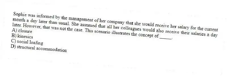 Sophie was informed by the management of her company that she would receive her salary for the current month a day later than usual. She assumed that all her colleagues would also receive their salaries a day later. However, that was not the case. This scenario illustrates the concept of _____.
A) closure
B) kinesics
C) social loafing
D) structural accommodation