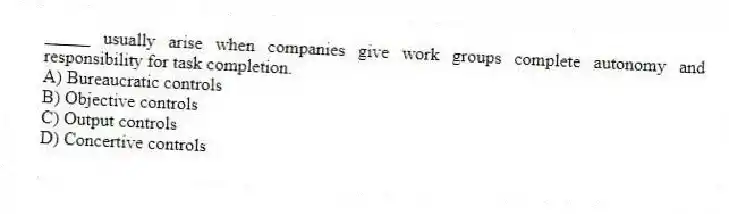 _____ usually arise when companies give work groups complete autonomy and responsibility for task completion.
A) Bureaucratic controls
B) Objective controls
C) Output controls
D) Concertive controls