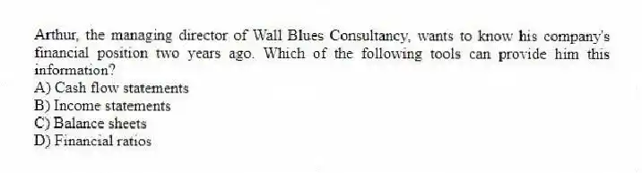 Arthur, the managing director of Wall Blues Consultancy, wants to know his company's financial position two years ago. Which of the following tools can provide him this information?
A) Cash flow statements
B) Income statements
C) Balance sheets
D) Financial ratios