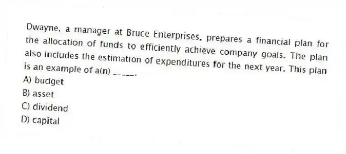 Dwayne, a manager at Bruce Enterprises, prepares a financial plan for the allocation of funds to efficiently achieve company goals. The plan also includes the estimation of expenditures for the next year. This plan is an example of a(n) _____.
A) budget
B) asset
C) dividend
D) capital