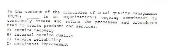In the context of the principles of total quality management (TQM), _____ is an organization's ongoing commitment to constantly assess and refine the processes and procedures used to create products and services.
A) service recovery
B) internal service quality
C) service reliability
D) continuous improvement