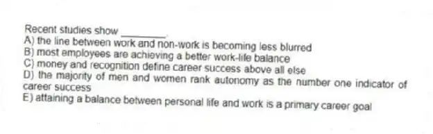 Recent studies show ________.
A) the line between work and non-work is becoming less blurred
B) most employees are achieving a better work-life balance
C) money and recognition define career success above all else
D) the majority of men and women rank autonomy as the number one indicator of career success
E) attaining a balance between personal life and work is a primary career goal