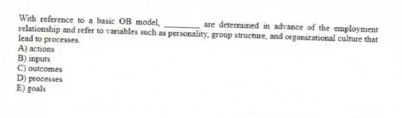 With reference to a basic OB model, ________ are determined in advance of the employment relationship and refer to variables such as personality, group structure, and organizational culture that lead to processes.
A) actions
B) inputs
C) outcomes
D) processes
E) goals
