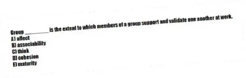 Group ________ is the extent to which members of a group support and validate one another at work.
A) affect
B) associability
C) think
D) cohesion
E) maturity