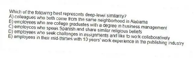 Which of the following best represents deep-level similarity?
A) colleagues who both come from the same neighborhood in Alabama
B) employees who are college graduates with a degree in business management
C) employees who speak Spanish and share similar religious beliefs
D) employees who seek challenges in assignments and like to work collaboratively
E) employees in their mid-thirties with 10 years' work experience in the publishing industry