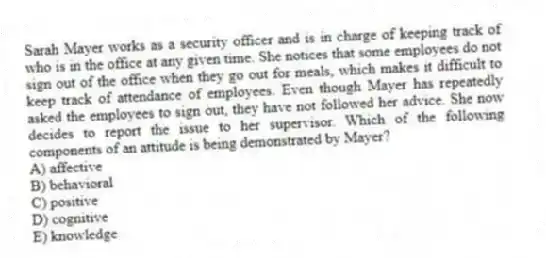 Sarah Mayer works as a security officer and is in charge of keeping track of who is in the office at any given time. She notices that some employees do not sign out of the office when they go out for meals, which makes it difficult to keep track of attendance of employees. Even though Mayer has repeatedly asked the employees to sign out, they have not followed her advice. She now decides to report the issue to her supervisor. Which of the following components of an attitude is being demonstrated by Mayer?
A) affective
B) behavioral
C) positive
D) cognitive
E) knowledge