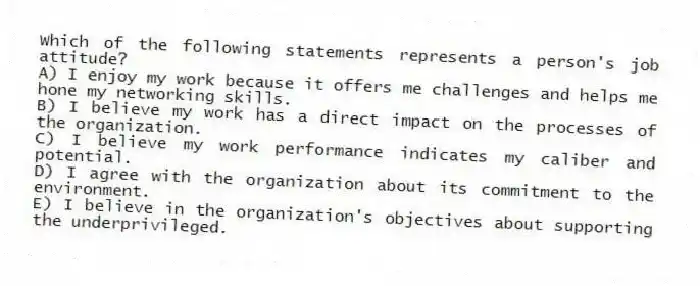 Which of the following statements represents a person's job attitude?
A) I enjoy my work because it offers me challenges and helps me hone my networking skills.
B) I believe my work has a direct impact on the processes of the organization.
C) I believe my work performance indicates my caliber and potential.
D) I agree with the organization about its commitment to the environment.
E) I believe in the organization's objectives about supporting the underprivileged.