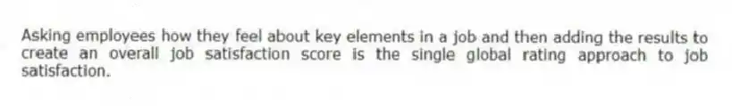 Asking employees how they feel about key elements in a job and then adding the results to create an overall job satisfaction score is the single global rating approach to job satisfaction.