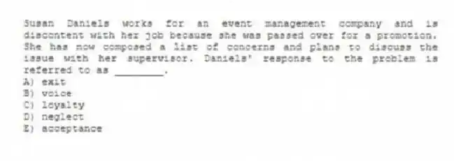 Susan Daniels works for an event management company and is discontent with her job because she was passed over for a promotion. She has now composed a list of concerns and plans to discuss the issue with her supervisor. Daniels' response to the problem is referred to as ________.
A) exit
B) voice
C) loyalty
D) neglect
E) acceptance