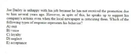 Joe Dailey is unhappy with his job because he has not received the promotion due to him several years ago. However, in spite of this, he speaks up to support his company's actions even when the local newspaper is criticizing them. Which of the following types of response represents his behavior?
A) exit
B) voice
C) loyalty
D) neglect
E) acceptance