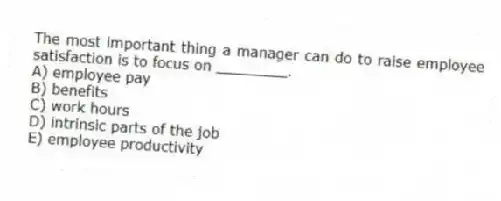 The most important thing a manager can do to raise employee satisfaction is to focus on ________.
A) employee pay
B) benefits
C) work hours
D) intrinsic parts of the job
E) employee productivity