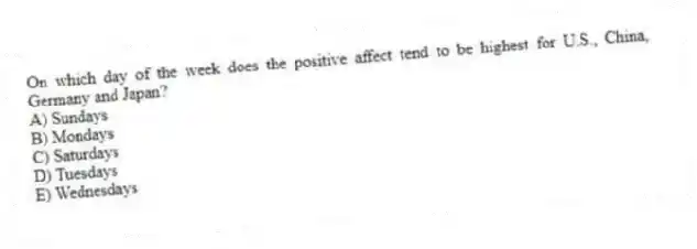 On which day of the week does the positive affect tend to be highest for U.S., China, Germany and Japan?
A) Sundays
B) Mondays
C) Saturdays
D) Tuesdays
E) Wednesdays