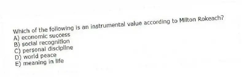 Which of the following is an instrumental value according to Milton Rokeach?
A) economic success
B) social recognition
C) personal discipline
D) world peace
E) meaning in life
