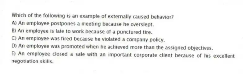 Which of the following is an example of externally caused behavior?
A) An employee postpones a meeting because he overslept.
B) An employee is late to work because of a punctured tire.
C) An employee was fired because he violated a company policy.
D) An employee was promoted when he achieved more than the assigned objectives.
E) An employee closed a sale with an important corporate client because of his excellent negotiation skills.