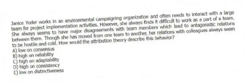 Janice Yoder works in an environmental campaigning organization and often needs to interact with a large team for project implementation activities. However, she always finds it difficult to work as a part of a team. She always seems to have major disagreements with team members which lead to antagonistic relations between them. Though she has moved from one team to another, her relations with colleagues always seem to be hostile and cold. How would the attribution theory describe this behavior?
A) low on consensus
B) high on reliability
C) high on adaptability
D) high on consistency
E) low on distinctiveness
