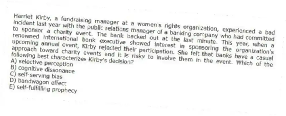 Harriet Kirby, a fundraising manager at a women's rights organization, experienced a bad incident last year with the public relations manager of a banking company who had committed to sponsor a charity event. The bank backed out at the last minute. This year, when a renowned international bank executive showed interest in sponsoring the organization's upcoming annual event, Kirby rejected their participation. She felt that banks have a casual approach toward charity events and it is risky to involve them in the event. Which of the following best characterizes Kirby's decision?
A) selective perception
B) cognitive dissonance
C) self-serving bias
D) bandwagon effect
E) self-fulfilling prophecy