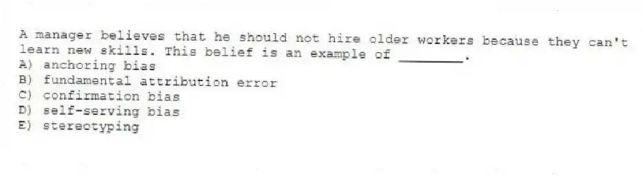 A manager believes that he should not hire older workers because they can't learn new skills. This belief is an example of ________.
A) anchoring bias
B) fundamental attribution error
C) confirmation bias
D) self-serving bias
E) stereotyping