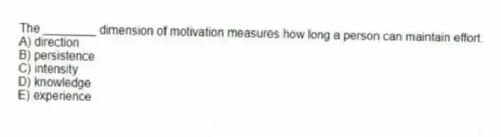 The ________ dimension of motivation measures how long a person can maintain effort.
A) direction
B) persistence
C) intensity
D) knowledge
E) experience