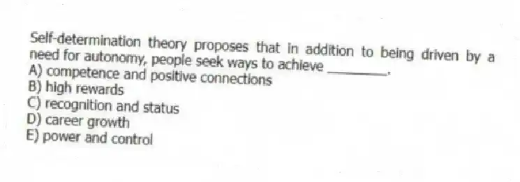Self-determination theory proposes that in addition to being driven by a need for autonomy, people seek ways to achieve ________.
A) competence and positive connections
B) high rewards
C) recognition and status
D) career growth
E) power and control
