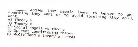 ________ argues that people learn to behave to get something they want or to avoid something they don't want.
A) Theory Y
B) Theory X
C) Social cognitive theory
D) Operant conditioning theory
E) McClelland's theory of needs