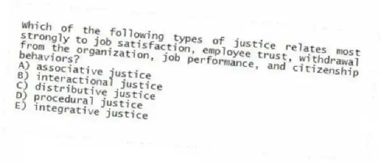 Which of the following types of justice relates most strongly to job satisfaction, employee trust, withdrawal from the organization, job performance, and citizenship behaviors?
A) associative justice
B) interactional justice
C) distributive justice
D) procedural justice
E) integrative justice