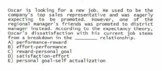 Oscar is looking for a new job. He used to be the company's top sales representative and was eagerly expecting to be promoted. However, one of the regional manager's friends was promoted to district manager instead. According to the expectancy theory, Oscar's dissatisfaction with his current job stems from a breakdown in the ________ relationship.
A) performance-reward
B) effort-performance
C) reward-personal goal
D) satisfaction-effort
E) personal goal-self actualization