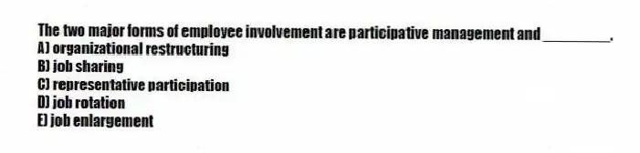 The two major forms of employee involvement are participative management and ________.
A) organizational restructuring
B) job sharing
C) representative participation
D) job rotation
E) job enlargement