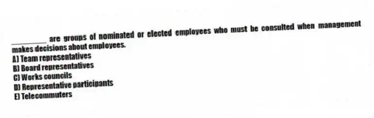 ________ are groups of nominated or elected employees who must be consulted when management makes decisions about employees.
A) Team representatives
B) Board representatives
C) Works councils
D) Representative participants
E) Telecommuters