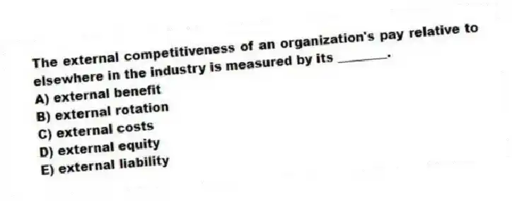 The external competitiveness of an organization's pay relative to elsewhere in the industry is measured by its ________.
A) external benefit
B) external rotation
C) external costs
D) external equity
E) external liability
