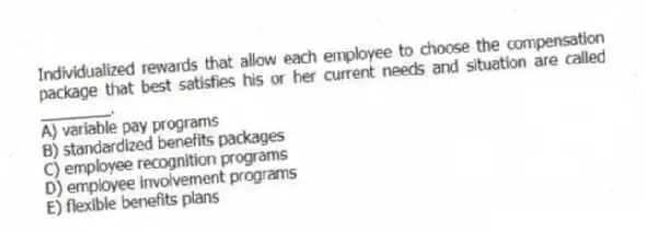 Individualized rewards that allow each employee to choose the compensation package that best satisfies his or her current needs and situation are called ________.
A) variable pay programs
B) standardized benefits packages
C) employee recognition programs
D) employee involvement programs
E) flexible benefits plans