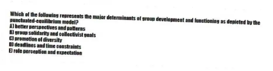 Which of the following represents the major determinants of group development and functioning as depicted by the punctuated-equilibrium model?
A) better perspectives and patterns
B) group solidarity and collectivist goals
C) promotion of diversity
D) deadlines and time constraints
E) role perception and expectation