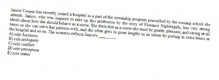 Janice Cooper has recently joined a hospital as a part of the internship program prescribed by the nursing school she attends. Janice, who was inspired to take up this profession by the story of Florence Nightingale, has very strong ideals about how she should behave as a nurse. She feels that as a nurse she must be gentle, pleasant, and caring at all times so she can serve her patients well, and she often goes to great lengths as an intern by putting in extra hours at the hospital and so on. The scenario reflects Janice's ________.
A) role fuzziness
B) role ambiguity
C) role conflict
D) role perception
E) role status