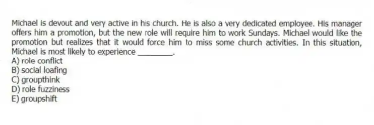 Michael is devout and very active in his church. He is also a very dedicated employee. His manager offers him a promotion, but the new role will require him to work Sundays. Michael would like the promotion but realizes that it would force him to miss some church activities. In this situation, Michael is most likely to experience ________.
A) role conflict
B) social loafing
C) groupthink
D) role fuzziness
E) groupshift