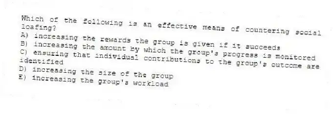 Which of the following is an effective means of countering social loafing?
A) increasing the rewards the group is given if it succeeds
B) increasing the amount by which the group's progress is monitored
C) ensuring that individual contributions to the group's outcome are identified
D) increasing the size of the group
E) increasing the group's workload