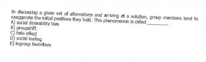 In discussing a given set of alternatives and arriving at a solution, group members tend to exaggerate the initial positions they hold. This phenomenon is called ________.
A) social desirability bias
B) groupshift
C) halo effect
D) social loafing
E) ingroup favoritism
