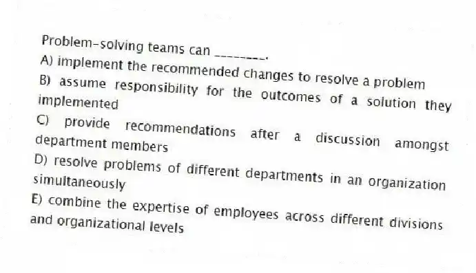 Problem-solving teams can ________.
A) implement the recommended changes to resolve a problem
B) assume responsibility for the outcomes of a solution they implemented
C) provide recommendations after a discussion amongst department members
D) resolve problems of different departments in an organization simultaneously
E) combine the expertise of employees across different divisions and organizational levels