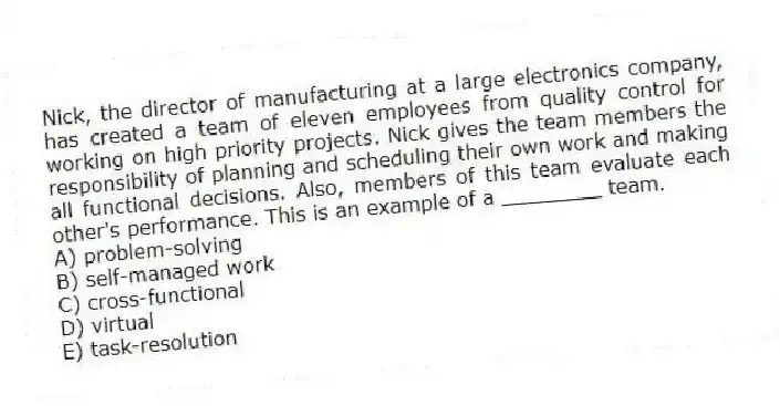 Nick, the director of manufacturing at a large electronics company, has created a team of eleven employees from quality control for working on high priority projects. Nick gives the team members the responsibility of planning and scheduling their own work and making all functional decisions. Also, members of this team evaluate each other's performance. This is an example of a ________ team.
A) problem-solving
B) self-managed work
C) cross-functional
D) virtual
E) task-resolution