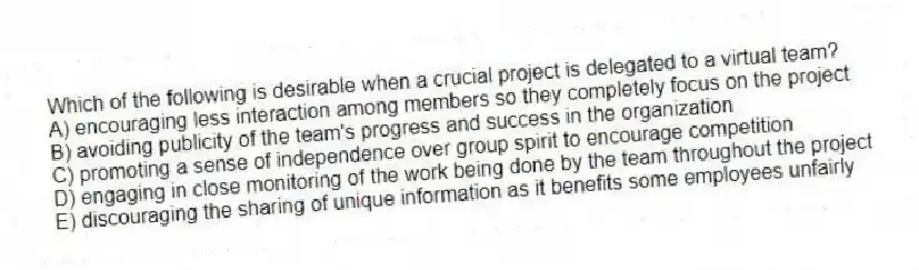 Which of the following is desirable when a crucial project is delegated to a virtual team?
A) encouraging less interaction among members so they completely focus on the project
B) avoiding publicity of the team's progress and success in the organization
C) promoting a sense of independence over group spirit to encourage competition
D) engaging in close monitoring of the work being done by the team throughout the project
E) discouraging the sharing of unique information as it benefits some employees unfairly