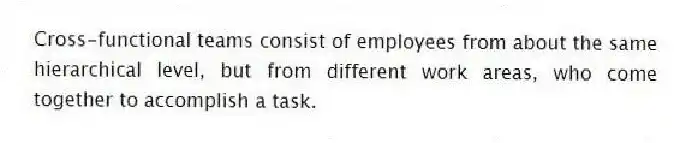 Cross-functional teams consist of employees from about the same hierarchical level, but from different work areas, who come together to accomplish a task.