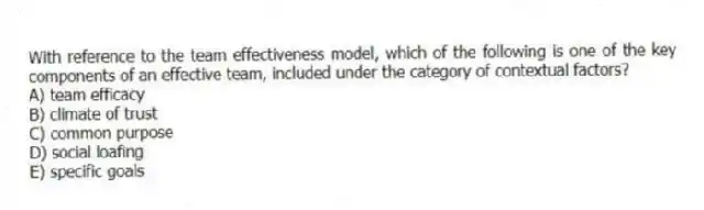 With reference to the team effectiveness model, which of the following is one of the key components of an effective team, included under the category of contextual factors?
A) team efficacy
B) climate of trust
C) common purpose
D) social loafing
E) specific goals