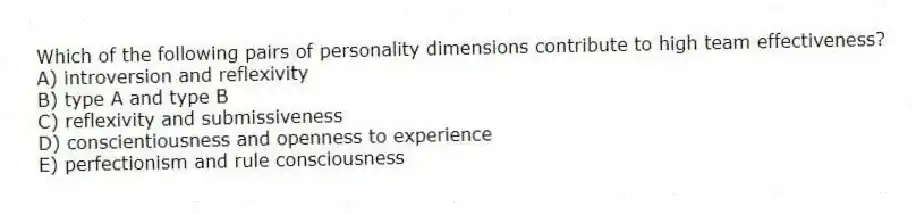 Which of the following pairs of personality dimensions contribute to high team effectiveness?
A) introversion and reflexivity
B) type A and type B
C) reflexivity and submissiveness
D) conscientiousness and openness to experience
E) perfectionism and rule consciousness