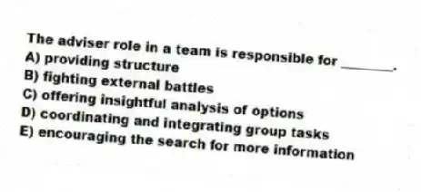 The adviser role in a team is responsible for ________.
A) providing structure
B) fighting external battles
C) offering insightful analysis of options
D) coordinating and integrating group tasks
E) encouraging the search for more information