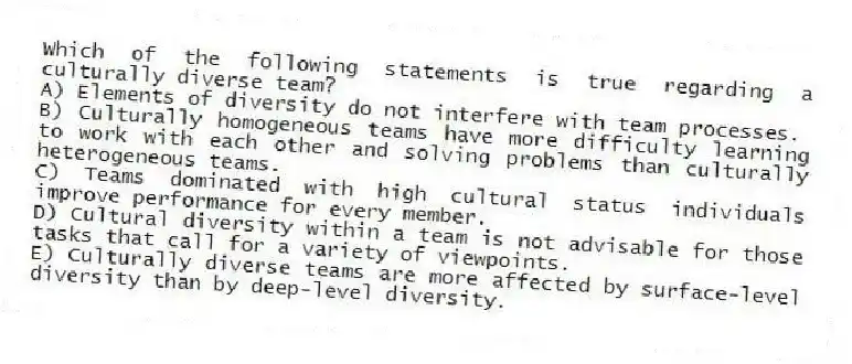 Which of the following statements is true regarding a culturally diverse team?
A) Elements of diversity do not interfere with team processes.
B) Culturally homogeneous teams have more difficulty learning to work with each other and solving problems than culturally heterogeneous teams.
C) Teams dominated with high cultural status individuals improve performance for every member.
D) Cultural diversity within a team is not advisable for those tasks that call for a variety of viewpoints.
E) Culturally diverse teams are more affected by surface-level diversity than by deep-level diversity.