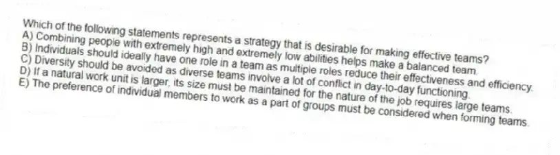 Which of the following statements represents a strategy that is desirable for making effective teams?
A) Combining people with extremely high and extremely low abilities helps make a balanced team.
B) Individuals should ideally have one role in a team as multiple roles reduce their effectiveness and efficiency.
C) Diversity should be avoided as diverse teams involve a lot of conflict in day-to-day functioning.
D) If a natural work unit is larger, its size must be maintained for the nature of the job requires large teams.
E) The preference of individual members to work as a part of groups must be considered when forming teams.