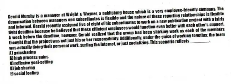 Gerald Murphy is a manager at Wright & Wayner, a publishing house which is a very employee-friendly company. The demarcation between managers and subordinates is flexible and the nature of these reporting relationships is flexible and informal. Gerald recently assigned five of eight of his subordinates to work on a new publication project with a fairly tight deadline because he believed that these efficient employees would function even better with each other's support. A week before the deadline, however, Gerald realized that the group had been shirking work as each of the members thought that the project was not just his or her responsibility. Additionally, under the guise of working together, the team was actually doing their personal work, surfing the Internet, or just socializing. This scenario reflects ________.
A) gainsharing
B) high process gains
C) reflexive goal-setting
D) job sharing
E) social loafing