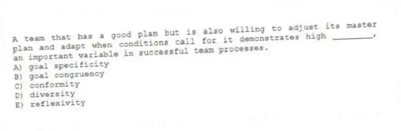 A team that has a good plan but is also willing to adjust its master plan and adapt when conditions call for it demonstrates high ________, an important variable in successful team processes.
A) goal specificity
B) goal congruency
C) conformity
D) diversity
E) reflexivity