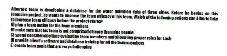 Alberto's team is developing a database for the water pollution data of three cities. Before he begins on this intensive project, he wants to improve the team efficacy of his team. Which of the following actions can Alberto take to increase team efficacy before the project starts?
A) plan a team outing for the team members
B) make sure that his team is not comprised of more than nine people
C) spend considerable time evaluating team members and allocating proper roles for each
D) provide client's software and database training for all the team members
E) create team goals that are very challenging