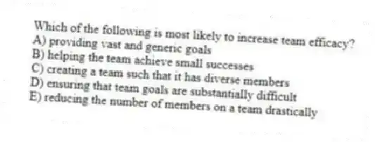 Which of the following is most likely to increase team efficacy?
A) providing vast and generic goals
B) helping the team achieve small successes
C) creating a team such that it has diverse members
D) ensuring that team goals are substantially difficult
E) reducing the number of members on a team drastically